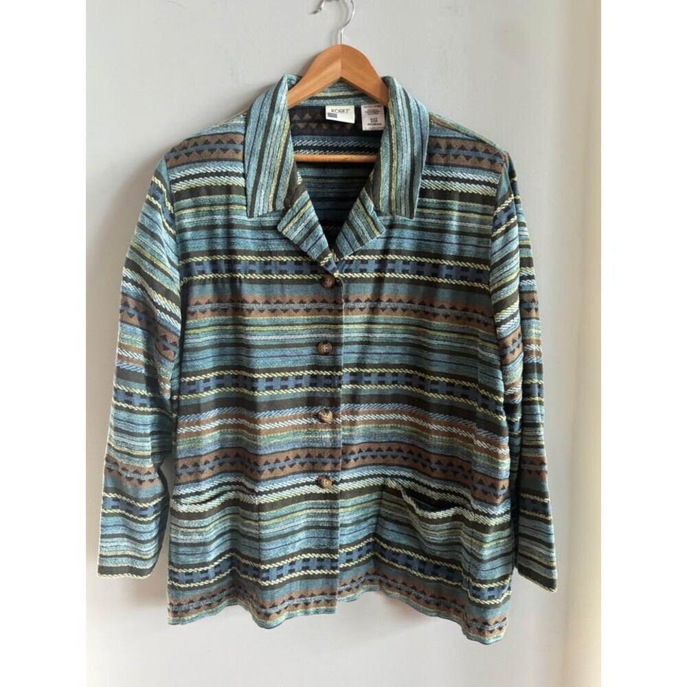 Vintage Koret Southwestern Tapestry Shirt Jacket Teal Blue Stripe Boho Size 20W